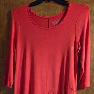 By Chico's Size 1 Red Knit Tunic Top Hi Lo Hem Lace Detail 3/4 Sleeve